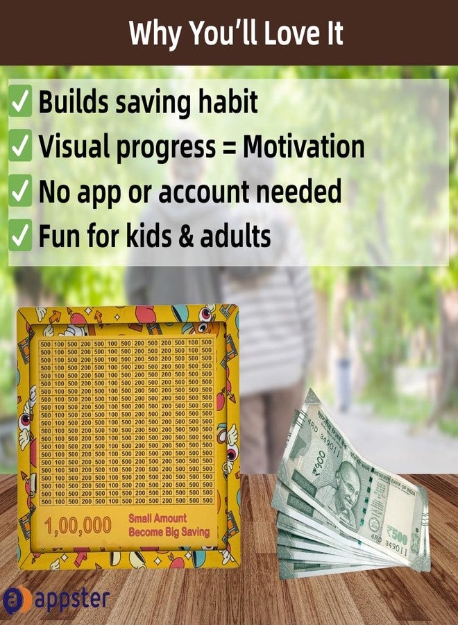 APPSTER 8x7 Inch Jumbo Wooden Piggy Money Bank for Kids & Adults | Carved Design, Mini Bank, Donation Box, Smart Money Coin Box with Numbers Savings Box 100000 Rupees (Yellow) - Image 5